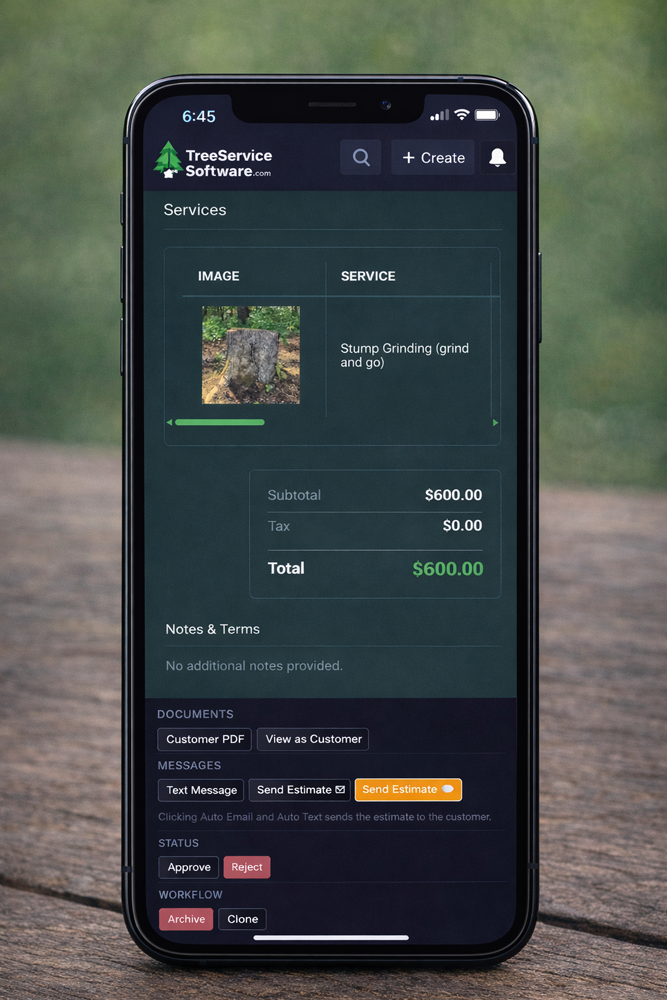 Tree Service Software estimate send workflow screenshot