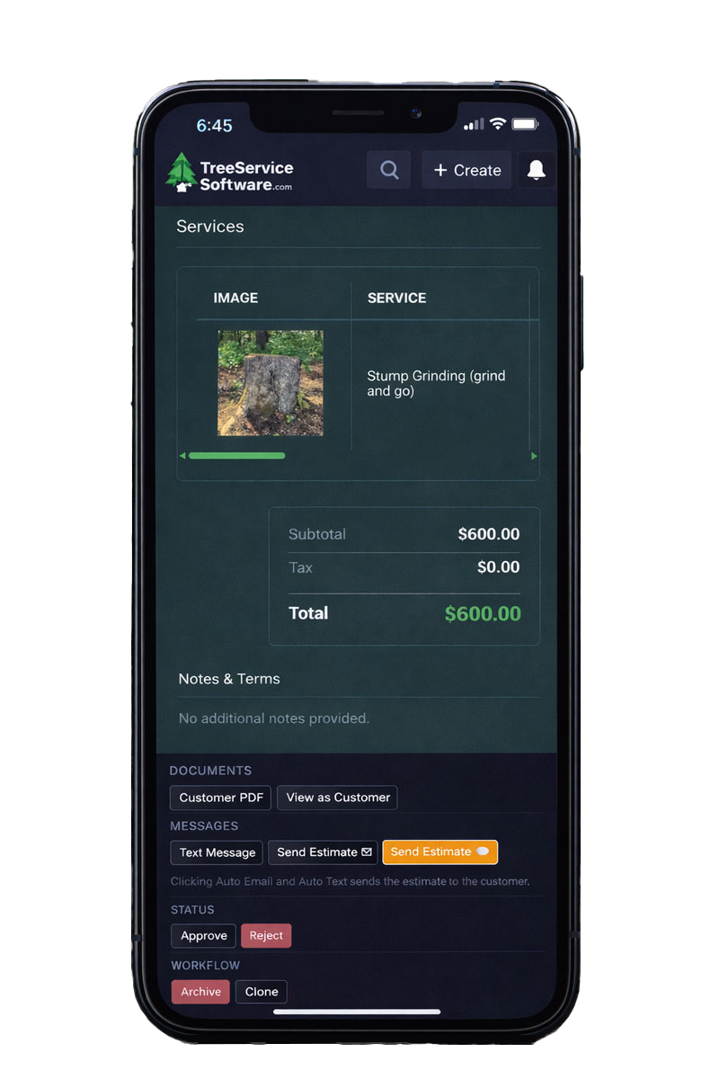 Sending a stump grinding estimate from a phone