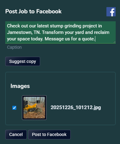 Tree Service Software CRM job screen with Facebook post tool