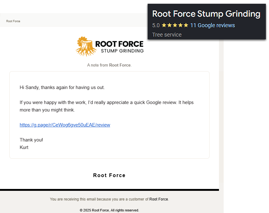 Automated review request message with review link